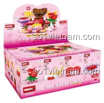 Hình ảnh hộp trưng bày của bộ xếp hình WOMA C1022, bên trong chứa 12 hộp nhỏ, chủ đề Valentine lãng mạn. Đồ chơi mô hình WOMA chất lượng cao.