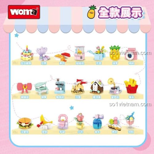 Các mô hình nhỏ trong bộ WOMA C1036 Sweetheart Building Blocks bao gồm bánh sinh nhật, hoa, dứa, máy ảnh, hamburger, đêm khuya, túi xách, hoa nhỏ, nước hoa, đồ uống