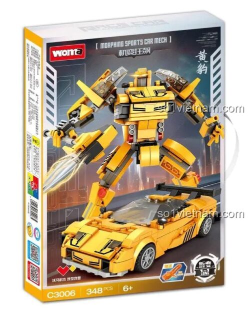 Hộp sản phẩm Robot Biến Hình Xe Đua Hoàng Báo WOMA C3006, bộ đồ chơi lắp ráp xe đua robot biến hình