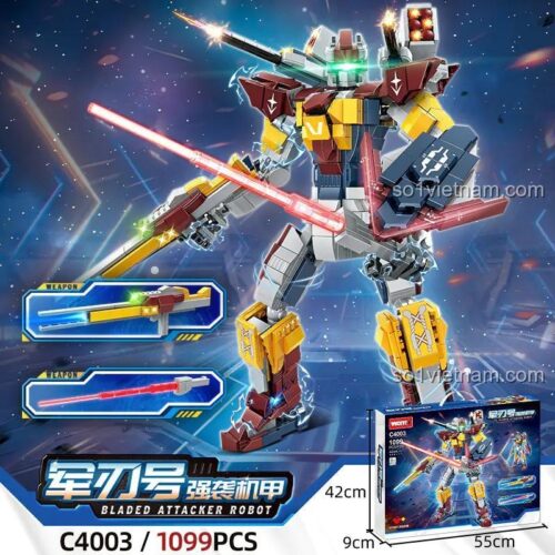 Hộp bộ lắp ghép Robot Tấn Công Lưỡi Kiếm WOMA C4003, thể hiện kích thước và số chi tiết 1099 mảnh, đồ chơi mô hình Robot Chiến Đấu cho con trai.