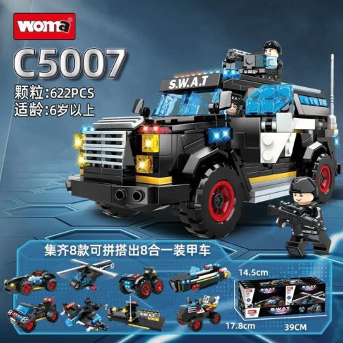 Bộ lắp ghép WOMA C5007 Xe Bọc Thép Đặc Nhiệm SWAT 8 kiểu lắp ráp, 622 chi tiết, phù hợp bé trai 6 tuổi, giá tốt.