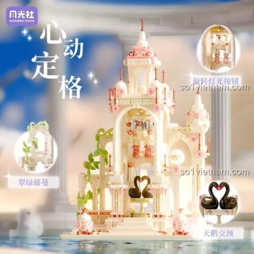 Đồ chơi mô hình Lâu đài thiên nga Wonder Moon 801113, có nút xoay bật đèn và cặp thiên nga đen lãng mạn, quà tặng cho bạn gái.