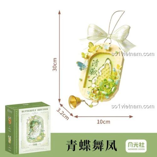 Kích thước chi tiết của đồ chơi mô hình Wonder Moon 802086, mô hình bướm xanh và hoa treo tường.