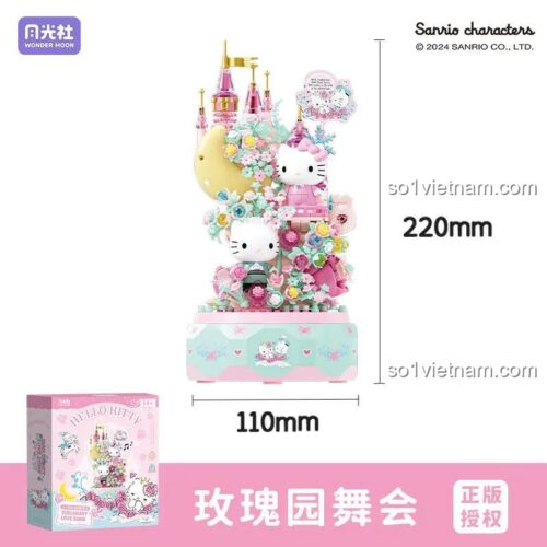 Mô hình hộp nhạc Hello Kitty Wonder Moon 803301 hiển thị kích thước 220mm x 110mm và hộp sản phẩm, đồ chơi lắp ghép cho con gái 14 tuổi.