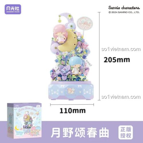 Bộ lắp ghép Wonder Moon Hộp nhạc Sanrio Little Twin Stars 803302 với kích thước chi tiết, hộp nhạc xoay có đèn LED, dành cho con gái 14 tuổi.