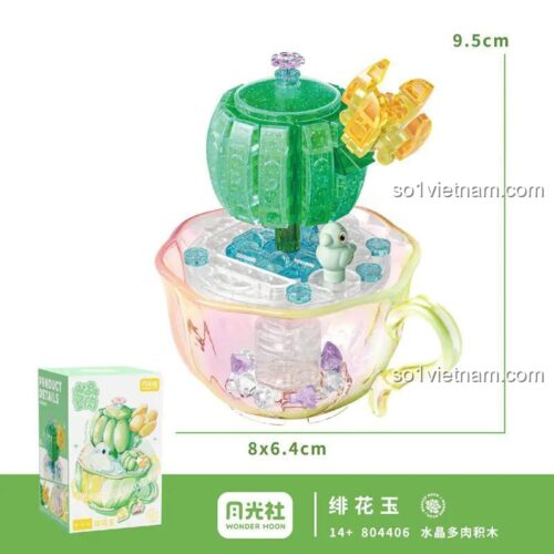 Kích thước bộ lắp ghép WONDER MOON 804406 Chậu Cây Mọng Nước Tí Hon - 绯花玉, 8x6.4x9.5cm, hộp 9x9x14cm, 165 mảnh, độ tuổi 14+