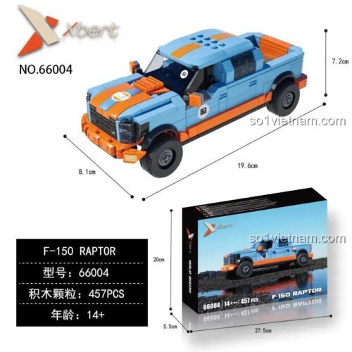 Đồ chơi mô hình Xbert 66004 Ford F-150 Raptor, hiển thị kích thước mô hình 19.6x8.1x7.2cm và hộp 27.5x20x5.5cm, cho con trai 14 tuổi.