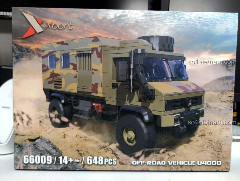Ảnh review hộp trước bộ xếp hình Xe cắm trại địa hình Unimog U4000 Xbert 66009, phù hợp tuổi 14+, chất lượng cao