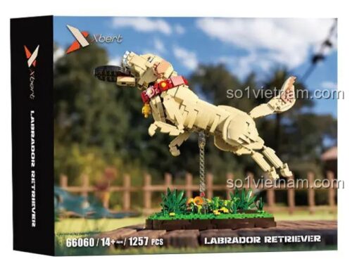 Hình ảnh hộp của đồ chơi mô hình Labrador Retriever 66060, hiển thị số chi tiết 1257 và độ tuổi 14+, một lựa chọn giá tốt.