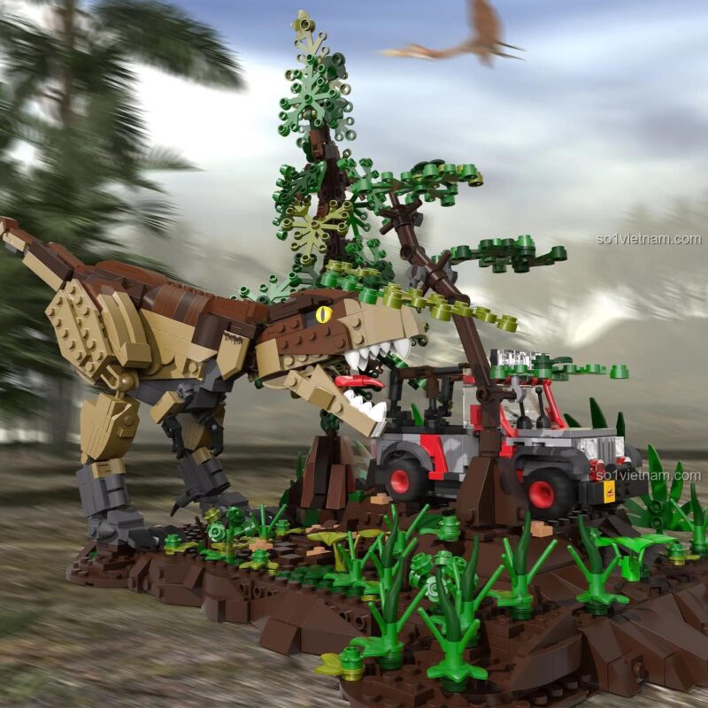 Ảnh cận cảnh đồ chơi mô hình Khủng long bạo chúa T-Rex 66124 đang tấn công, thể hiện sự chi tiết và sống động của sản phẩm.