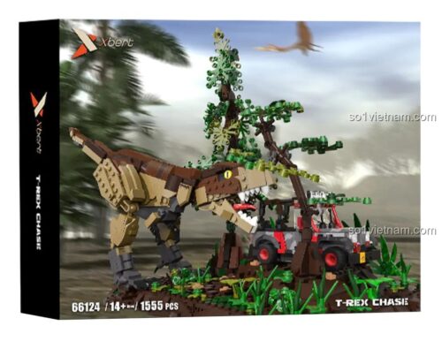 Ảnh chi tiết bộ lắp ghép Khủng long bạo chúa T-Rex Xbert 66124, mô tả cảnh T-Rex đang săn đuổi chiếc xe Jeep trong rừng. Đồ chơi cho con trai 14 tuổi, giá tốt.