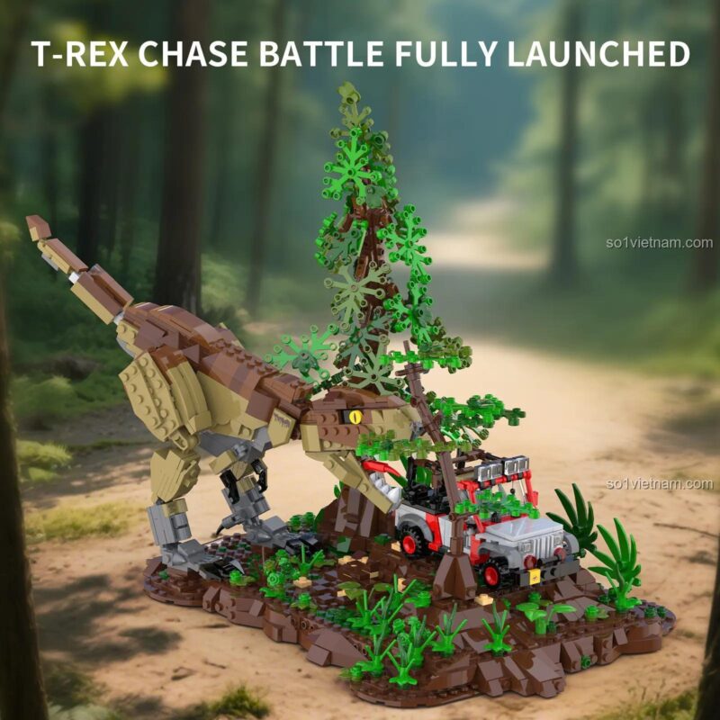 Mô hình T-Rex 66124 sau khi lắp ráp hoàn chỉnh, thể hiện trận chiến rượt đuổi kịch tính. Một bộ xếp hình Xbert chất lượng cao.
