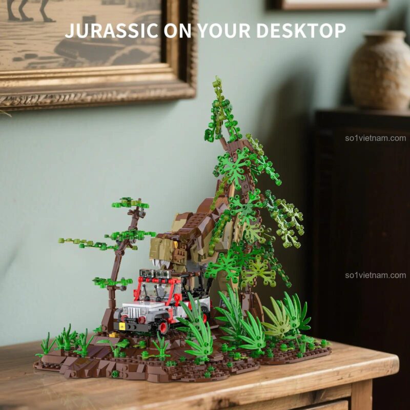 Mô hình trưng bày Jurassic Park mã 66124 đặt trên bàn làm việc, tạo điểm nhấn độc đáo và ấn tượng. Lựa chọn thay thế LEGO® giá rẻ.