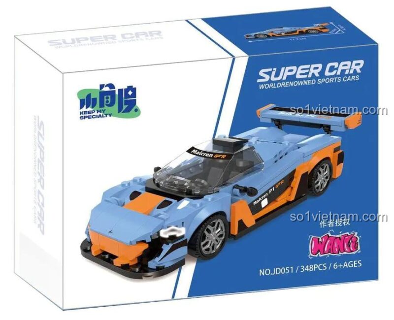 Hộp bộ lắp ghép Siêu xe McLaren P1 JD051 348 mảnh, Tương thích LEGO®, Cho bé 6 tuổi, Màu xanh dương cam đen, Tốc độ đỉnh cao, Mô hình siêu xe tỉ lệ 1:17.7