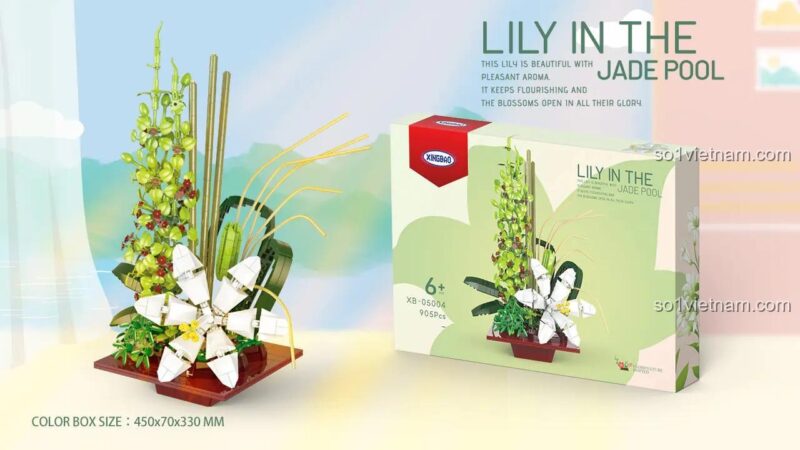 So sánh mô hình Hoa Bách Hợp đã lắp ráp và hộp sản phẩm bộ lắp ráp Xingbao XB-05004, có thông tin 6+, XB-05004, 905 mảnh ghép, phù hợp cho bé gái 6 tuổi