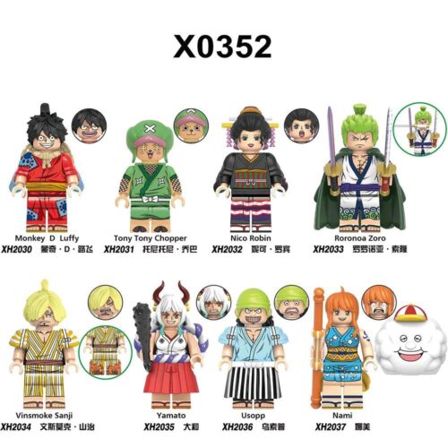 Bộ 8 minifigure One Piece X0352, bao gồm Monkey D Luffy, Tony Tony Chopper, Nico Robin, Roronoa Zoro, Vinsmoke Sanji, Yamato, Usopp, Nami. Đồ chơi mô hình cho bé 6 tuổi. Giá tốt.