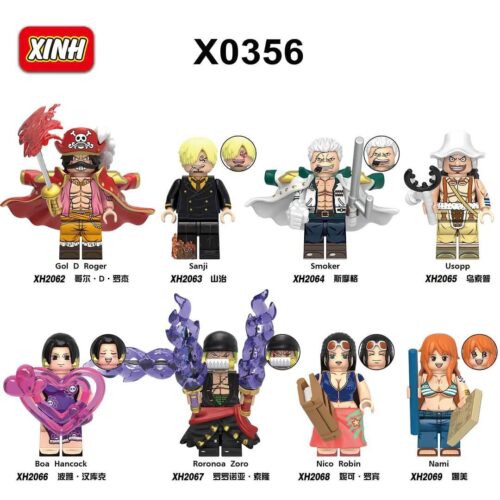 Bộ 8 Minifigures One Piece X0356 của hãng 欣宏XINH, bao gồm các nhân vật kinh điển như Gol D. Roger, Sanji, Smoker, Usopp, Boa Hancock, Roronoa Zoro, Nico Robin, Nami. Phù hợp cho trẻ 6 tuổi, rèn luyện trí tưởng tượng và khả năng kể chuyện.