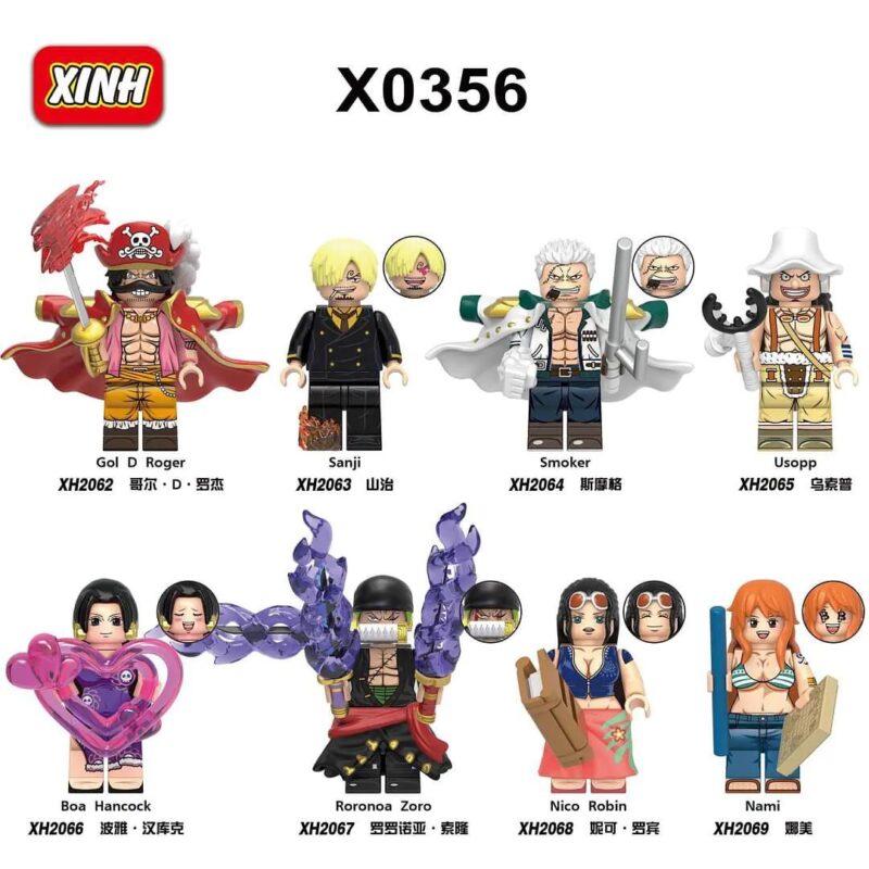 Bộ 8 Minifigures One Piece X0356 của hãng 欣宏XINH, bao gồm các nhân vật kinh điển như Gol D. Roger, Sanji, Smoker, Usopp, Boa Hancock, Roronoa Zoro, Nico Robin, Nami. Phù hợp cho trẻ 6 tuổi, rèn luyện trí tưởng tượng và khả năng kể chuyện.