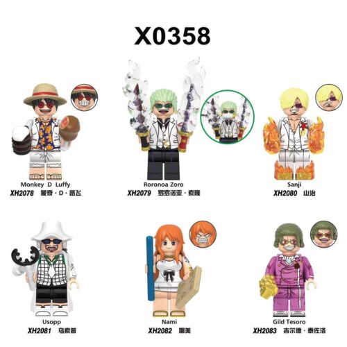 Bộ 6 Mô Hình Nhân Vật One Piece XINH X0358 - Monkey D Luffy, Roronoa Zoro, Sanji, Usopp, Nami, Gild Tesoro - Đồ chơi lắp ghép cho bé 6 tuổi