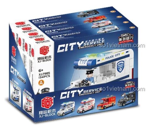 Hộp sản phẩm đồ chơi mô hình XJ-Block XJ-7985, hiển thị 4 mẫu xe cứu hộ và thông tin 556 chi tiết, phù hợp cho trẻ trên 6 tuổi.