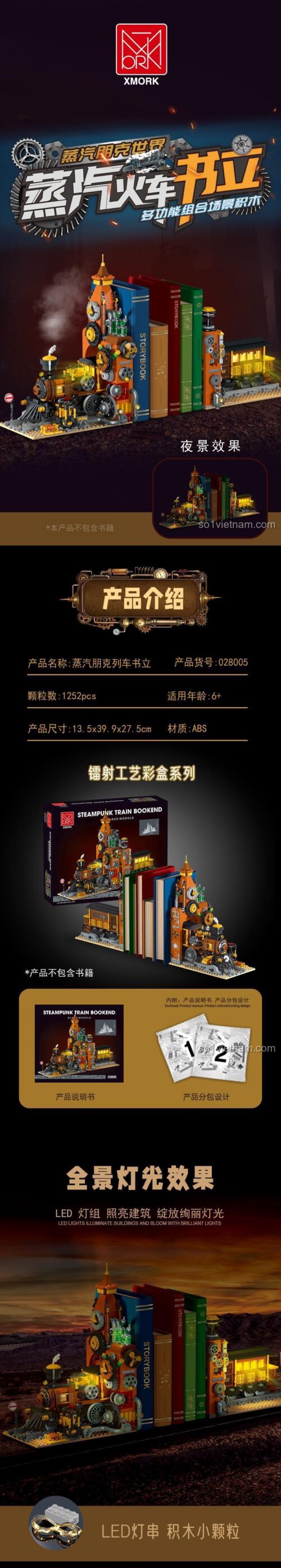 Mô hình tàu hỏa Steampunk XMORK 028005, bộ xếp hình đồ chơi xây dựng có đèn LED, giá đỡ sách độc đáo, dành cho bé trai 6 tuổi