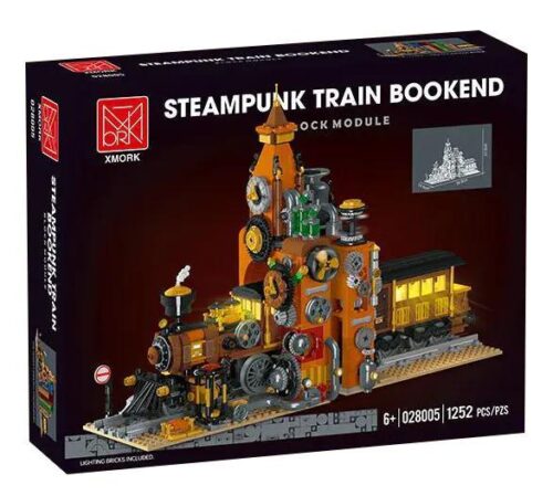 XMORK 028005 Giá đỡ sách tàu hỏa Steampunk, bộ lắp ghép đồ chơi mô hình chất lượng cao, có đèn LED, phù hợp bé trai 6 tuổi, giá tốt