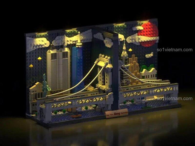 Mô hình New York XMORK 028008 với hiệu ứng đèn LED ban đêm lung linh, đồ chơi trang trí giá sách độc đáo.
