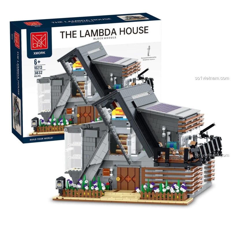 Hộp sản phẩm và mô hình Ngôi nhà Lambda XMORK 10213, thể hiện sự tương đồng giữa sản phẩm thực tế và hình ảnh trên hộp.