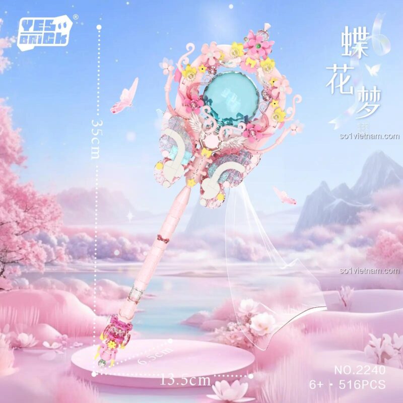Kích thước Quyền Trượng Tiên Nữ Hoa Mộng YeeBrick 2240, bộ lắp ghép cho bé gái 6 tuổi, đồ chơi sáng tạo, màu hồng pastel, 516 chi tiết