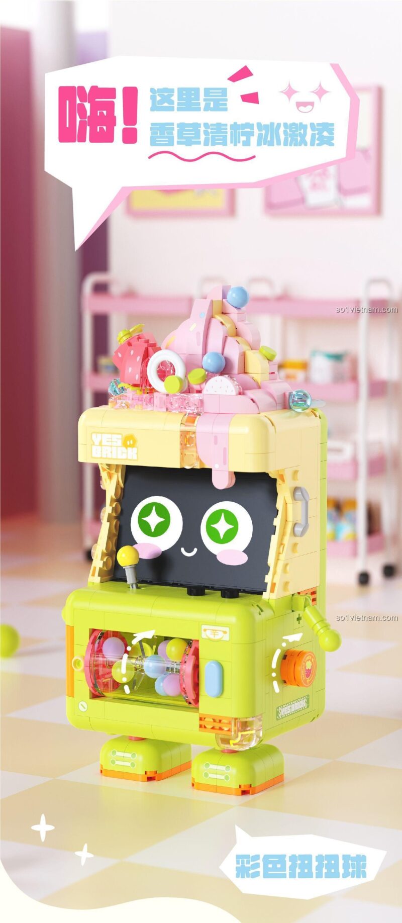 Hình ảnh quảng cáo bộ lắp ghép Robot Máy Game Kem Yes Brick 2174 với màu sắc tươi sáng, thiết kế đáng yêu.