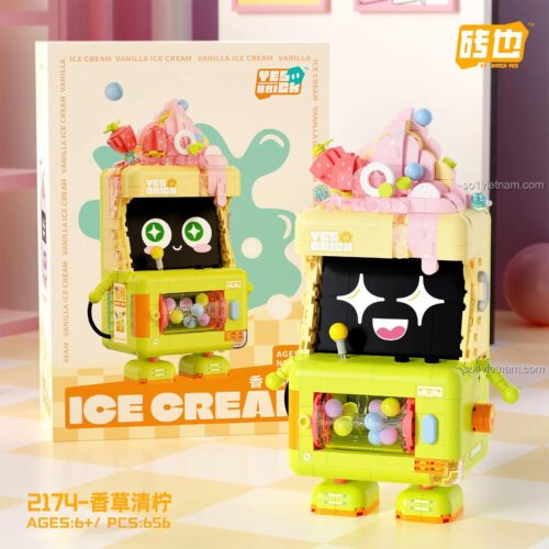 Hình ảnh đồ chơi mô hình Máy Gashapon Kem Ngọt Ngào Yes Brick 2174 bên cạnh vỏ hộp sản phẩm, phù hợp làm quà tặng cho bé gái.