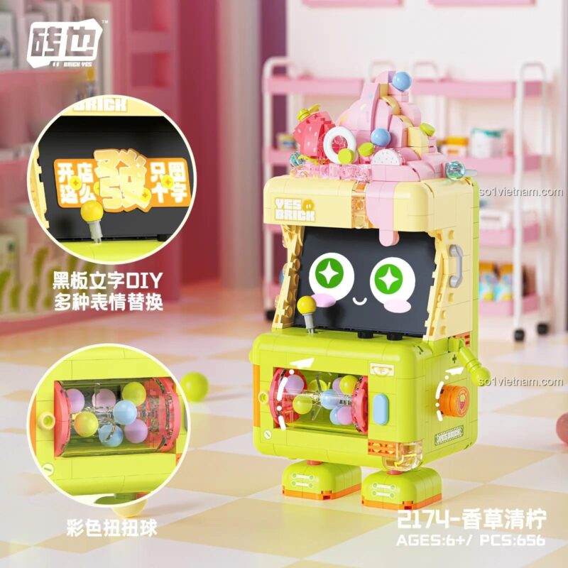 Cận cảnh các tính năng của bộ xếp hình Cỗ Máy Kem Vani Chanh Dễ Thương 2174: màn hình có thể thay đổi biểu cảm và máy gashapon có bóng màu.
