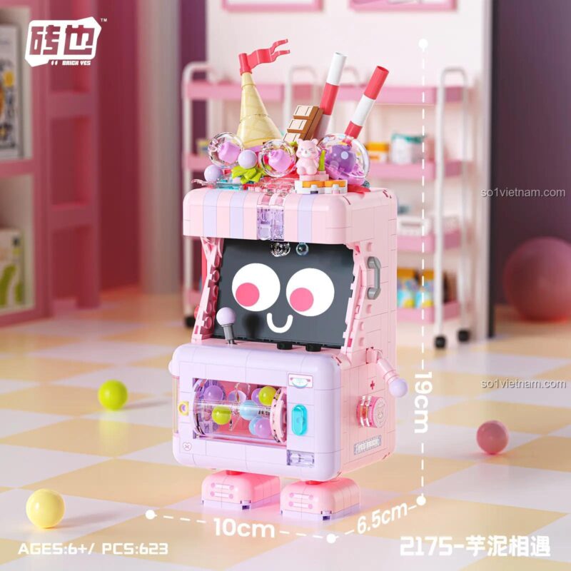 Kích thước chi tiết của mô hình Robot Máy Bán Kem Yes Brick: cao 19cm, dài 10cm, rộng 6.5cm.