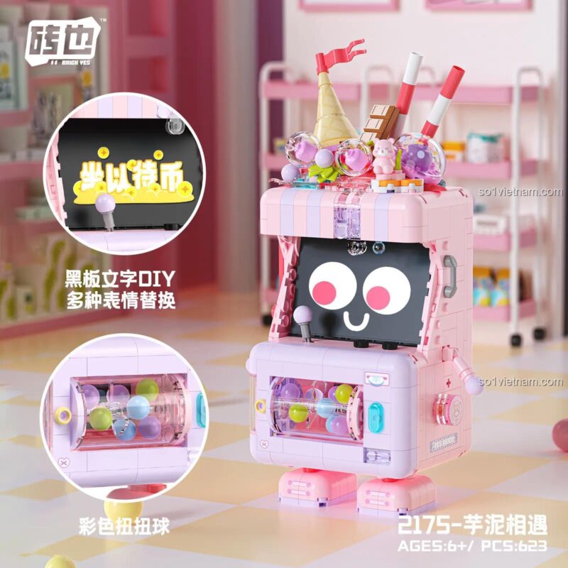 Chi tiết tính năng của bộ xếp hình 2175: có thể thay đổi biểu cảm và có máy gashapon mini nhiều màu sắc.