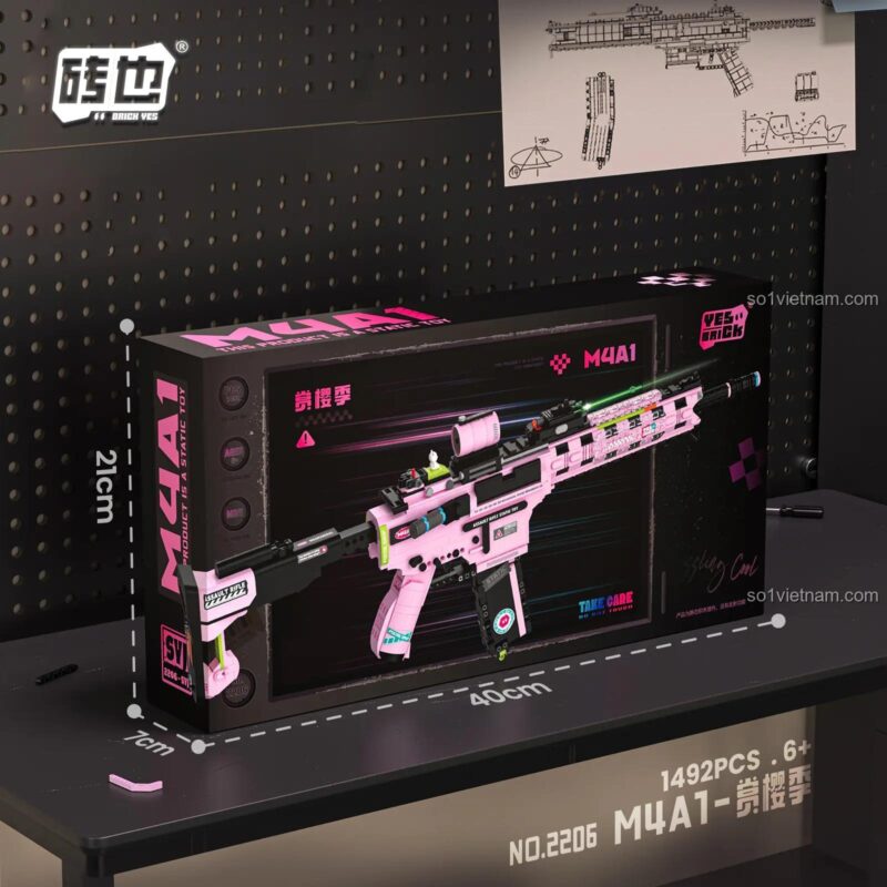 Kích thước hộp bộ lắp ráp súng M4A1 YES BRICK 2206, món quà độc đáo cho bé gái.