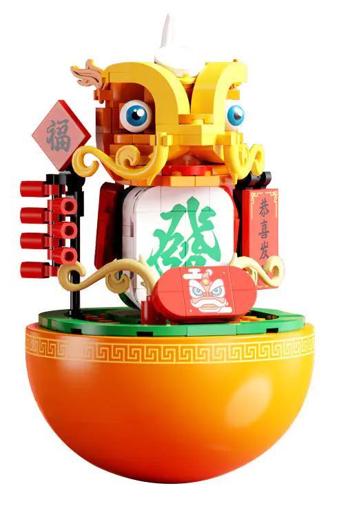 Ảnh chính của bộ lắp ghép Lân Múa Lật Đật YICHAO 1209-4, mô hình Lân Sư màu vàng đỏ rực rỡ, phù hợp cho bé trai 6 tuổi, giá rẻ.