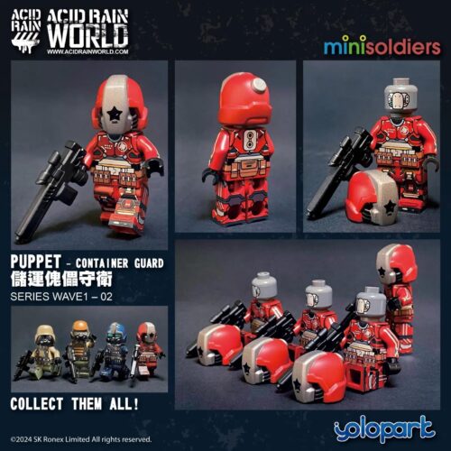 Minifigure lính Yolopark PUPPET Container Guard, chiến binh tương lai, màu đỏ và xám, vũ khí đi kèm, phù hợp cho bé trai 14 tuổi, bộ sưu tập minifigure độc đáo