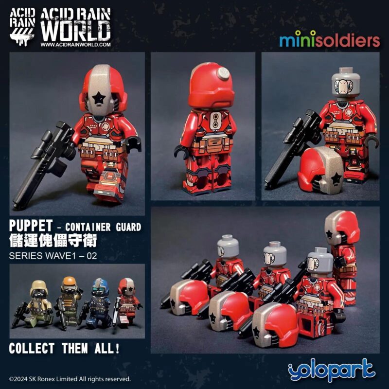 Minifigure lính Yolopark PUPPET Container Guard, chiến binh tương lai, màu đỏ và xám, vũ khí đi kèm, phù hợp cho bé trai 14 tuổi, bộ sưu tập minifigure độc đáo