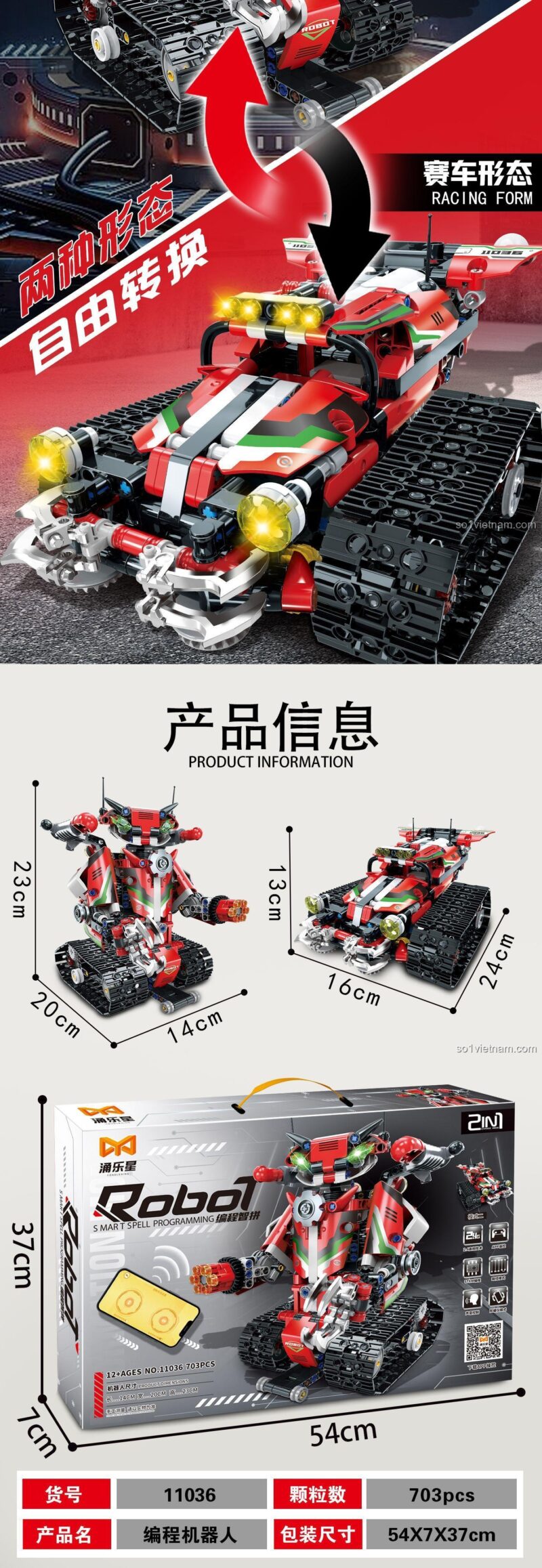 Kích thước chi tiết 2 dạng robot và xe đua của bộ Yonglexing 11036.