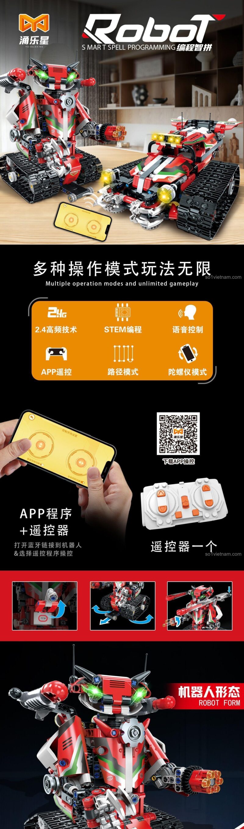 Tính năng điều khiển qua app và remote của robot Yonglexing 11036, đồ chơi công nghệ cao.