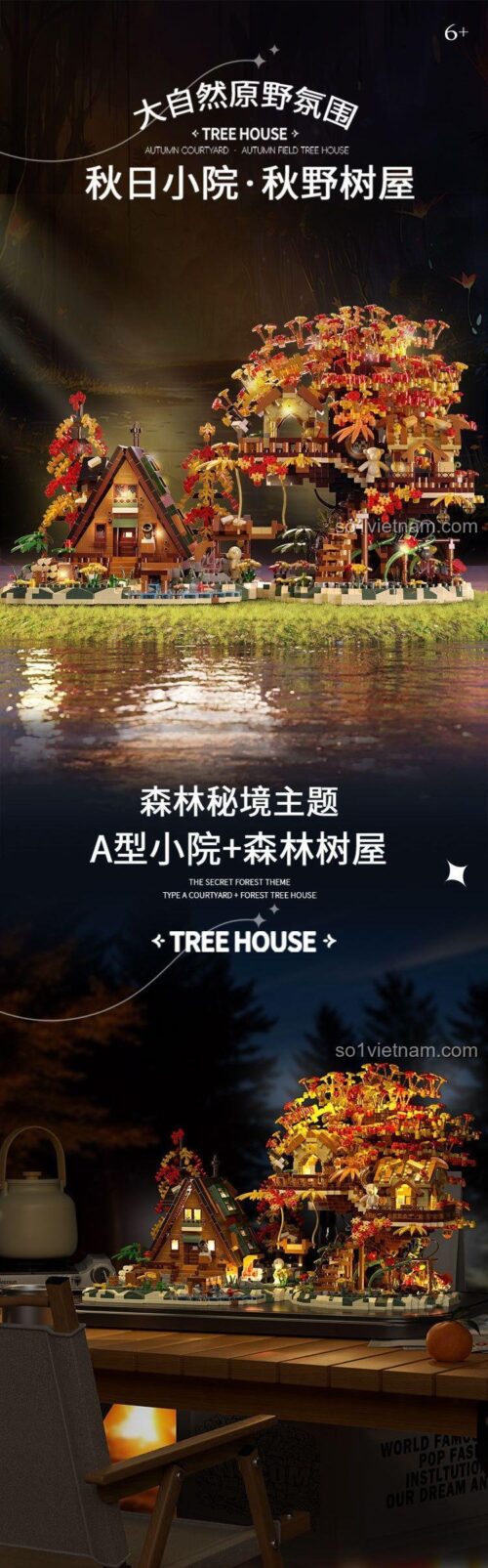 Poster quảng cáo bộ xếp hình P3113 Ngôi Nhà Trên Cây Mùa Thu, thể hiện khung cảnh rừng mùa thu lãng mạn bên bờ suối. Giá tốt cho một mô hình chất lượng.