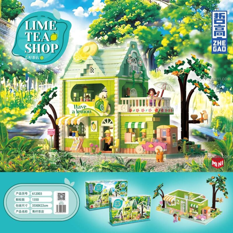 Đồ chơi xây dựng ZHEGAO 612003, hộp sản phẩm cửa hàng trà chanh với thông tin số chi tiết 1350, kích thước hộp 35x22x8cm, độ tuổi 6+, giá tiết kiệm