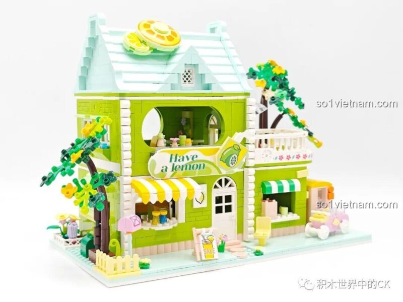Bộ lắp ghép 612003 Tiệm trà chanh, mô hình hoàn thiện góc sau phải, thể hiện chi tiết cây cối và hàng rào, rèn luyện sự khéo léo, giá tiết kiệm