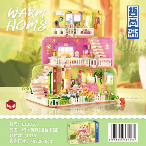 Hộp sản phẩm bộ đồ chơi Ngôi nhà ấm áp ZHEGAO 612016, 1375 mảnh, mô hình nhà búp bê màu hồng và vàng, đồ chơi giáo dục cho bé gái 6 tuổi