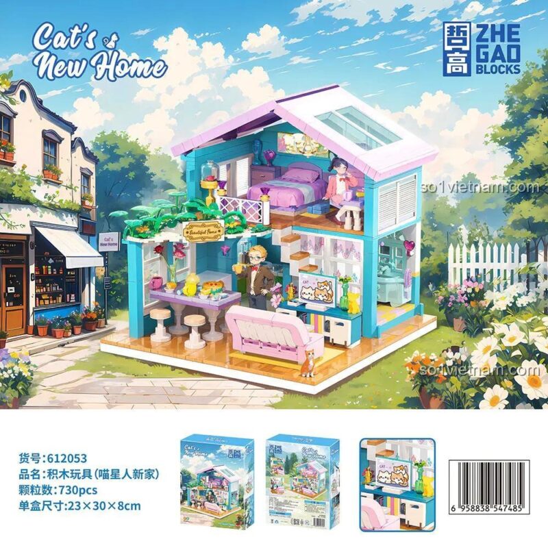 đồ chơi lắp ráp 612053 Ngôi Nhà Mới Của Mèo ZHEGAO, mô hình nhà mèo 730 chi tiết, đồ chơi cho con gái 14 tuổi, giá rẻ