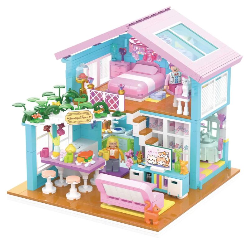 bộ đồ chơi Ngôi Nhà Mới Của Mèo ZHEGAO 612053, mô hình nhà mèo màu hồng xanh, đồ chơi lắp ráp cho con gái 14 tuổi, giá tốt