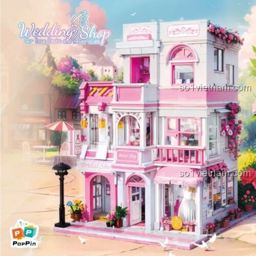 ZHEGAO 613032 Tiệm Bánh Cưới Bộ lắp ghép Mô hình kiến trúc màu hồng trắng với khung cảnh lãng mạn