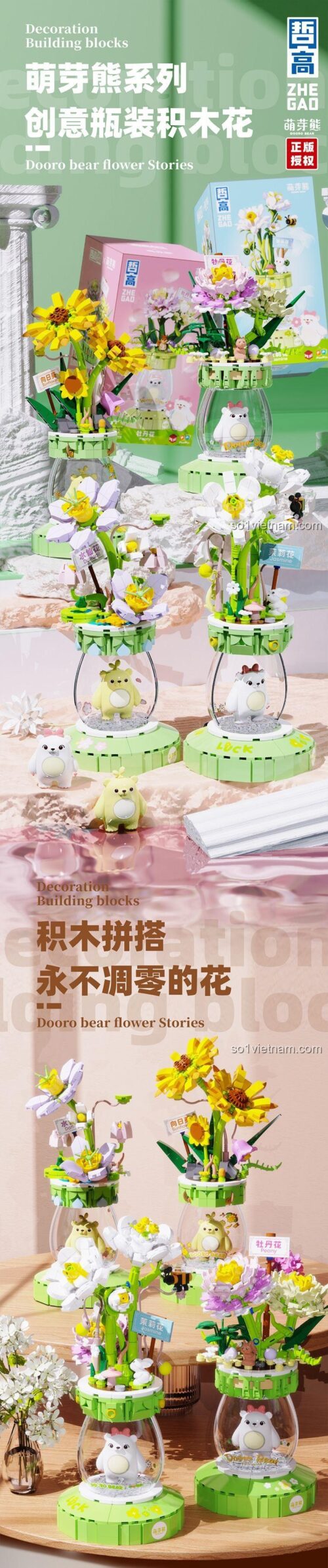Đồ chơi mô hình ZHEGAO Bình hoa Gấu Budding Bear 621012, bộ xếp hình hoa nhài lắp ráp cho con gái.