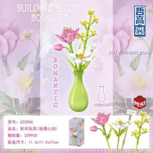 Hộp bộ xếp hình Hoa trang trí lắp ráp ZHEGAO 622006, đồ chơi lắp ghép Bó hoa lãng mạn cho bé gái 6 tuổi, chất lượng cao.