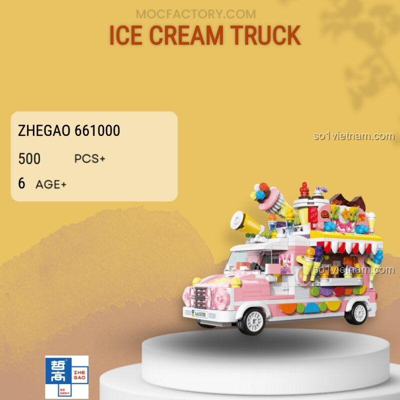 Thông số kỹ thuật của bộ đồ chơi Xe Kem Ngọt Ngào Zhegao 661000, bao gồm 500 chi tiết và độ tuổi khuyến nghị là 6+.